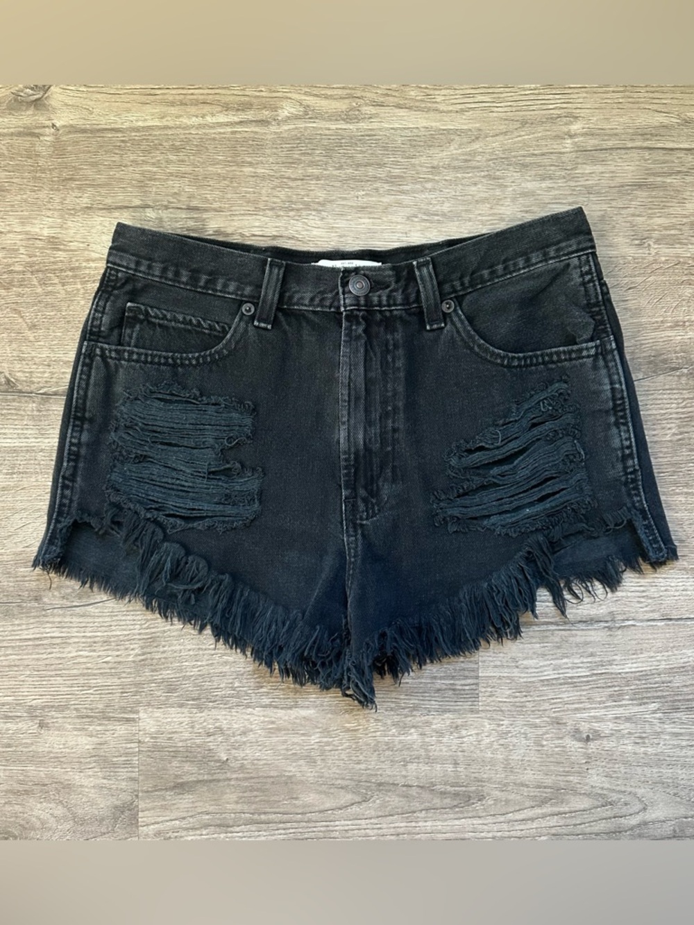 Abercrombie & Fitch Black Distressed Denim Shorts with Frayed Hem